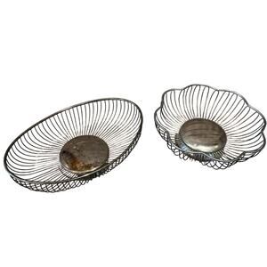 2 Vtg Silver Tone Round Oval Wire Bread Fruit Nut Baskets Flower Shape Retro MCM